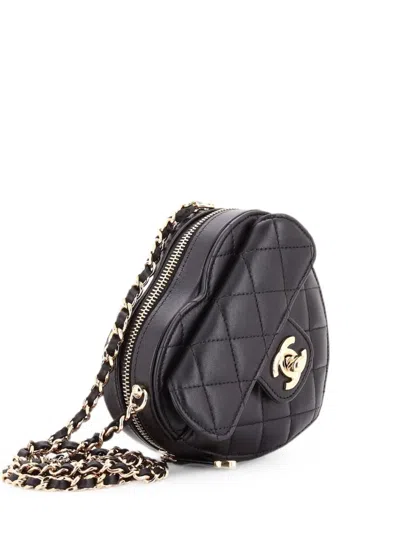 Pre-owned Chanel Cc In Love Heart Clutch With Chain Quilted Lambskin Crossbody Bag In Black