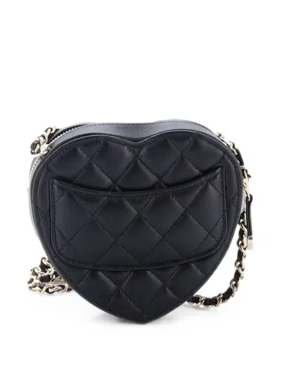 Pre-owned Chanel Cc In Love Heart Clutch With Chain Quilted Lambskin Crossbody Bag In Black