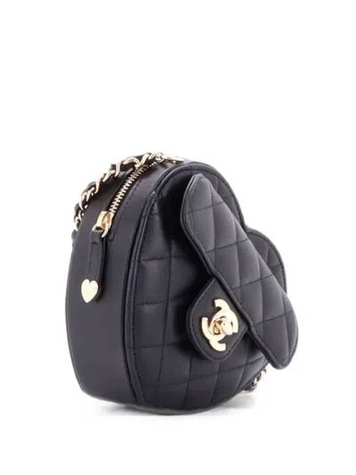 Pre-owned Chanel Cc In Love Heart Clutch With Chain Quilted Lambskin Crossbody Bag In Black
