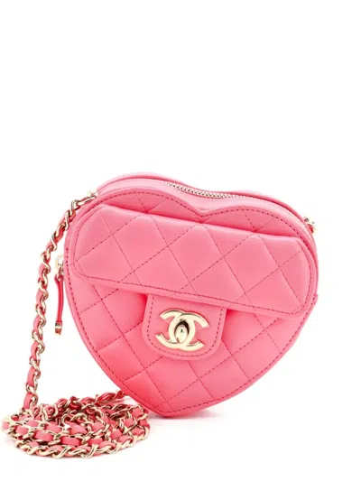 Pre-owned Chanel Cc In Love Heart Clutch With Chain Quilted Lambskin Crossbody Bag In Pink