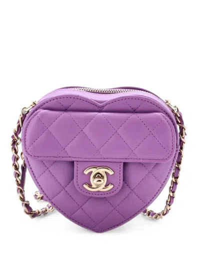 Pre-owned Chanel Cc In Love Heart Clutch With Chain Quilted Lambskin Crossbody Bag In Purple