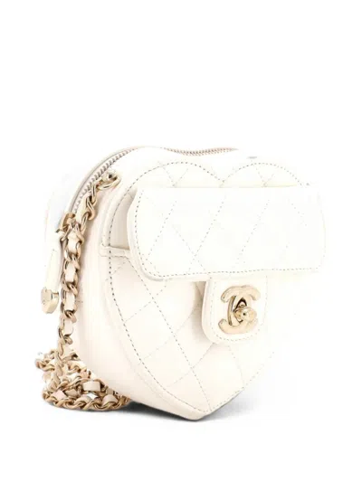 Pre-owned Chanel Cc In Love Heart Clutch With Chain Quilted Lambskin Crossbody Bag In White