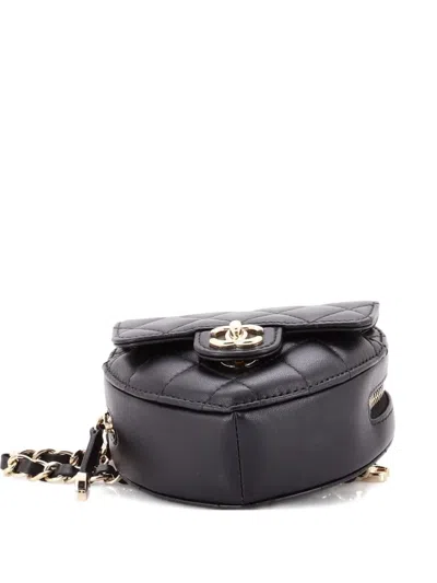 Pre-owned Chanel Cc In Love Heart Quilted Lambskin Belt Bag In Black