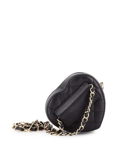 Pre-owned Chanel Cc In Love Heart Quilted Lambskin Belt Bag In Black