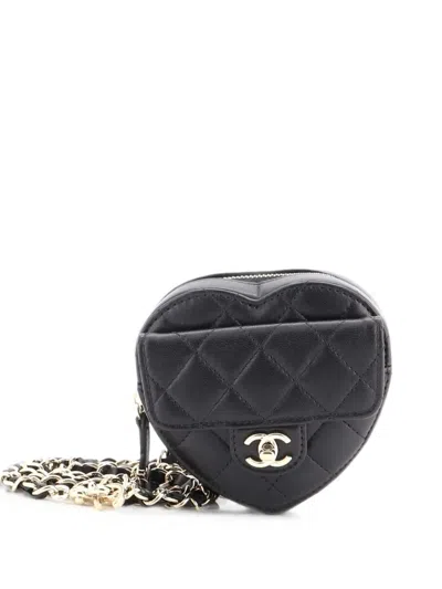 Pre-owned Chanel Cc In Love Heart Quilted Lambskin Belt Bag In Black