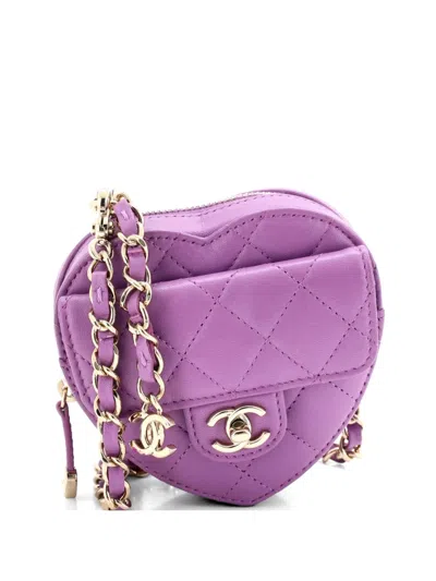Pre-owned Chanel Cc In Love Heart Quilted Lambskin Belt Bag In Purple