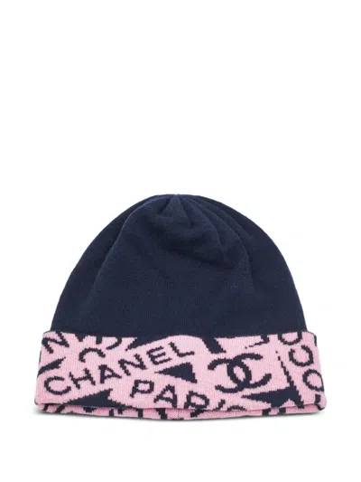 Pre-owned Chanel Cc Intarsia Beanie Hat In Blue