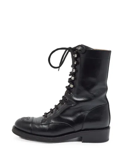 Pre-owned Chanel Cc Interlocking Lace-up Boots In Black