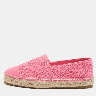 Pre-owned Chanel Cc Interlocking Size 41 Pink Leather And Tweed Cap Toe Espadrille Flats