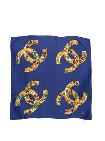 Pre-owned Chanel Cc Jewel-print Scarf In Blue