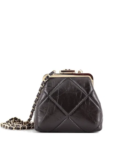 Pre-owned Chanel Cc Kisslock Frame Clutch With Chain Quilted Lambskin Mini Crossbody Bag In Black