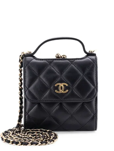Pre-owned Chanel Cc Kisslock Frame Top Handle Clutch With Chain Quilted Lambskin Mini Shoulder Bag In Black