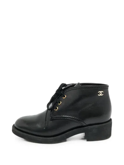 Pre-owned Chanel Cc Lace-up Ankle Boots In Black