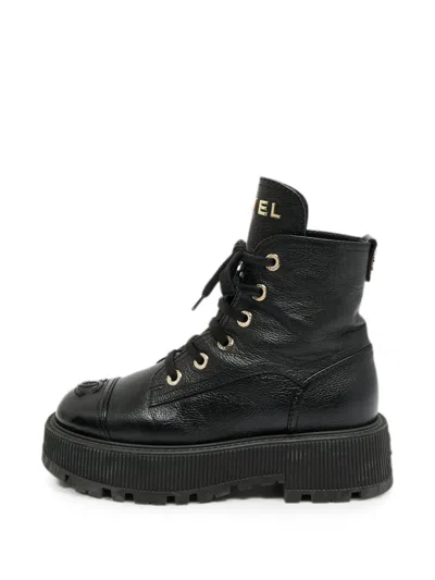 Pre-owned Chanel Cc Lace-up Combat Boots In Black