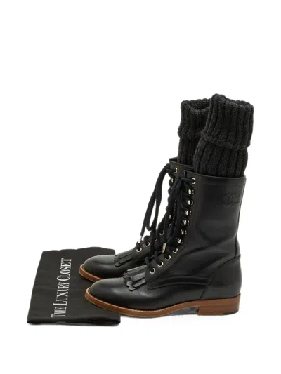 Pre-owned Chanel Cc Lace-up Combat Boots In Black