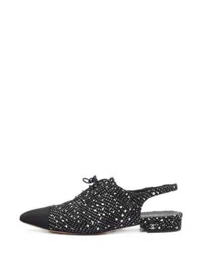 Pre-owned Chanel Cc Lace-up Slingback Flat Pumps In Black