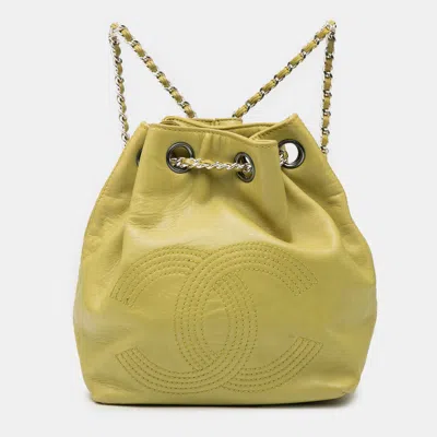 Pre-owned Chanel Cc Lambskin Drawstring Backpack In Green