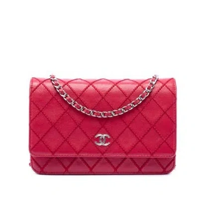 Pre-owned Chanel Cc Lambskin Wild Stitch Wallet On Chain In Red