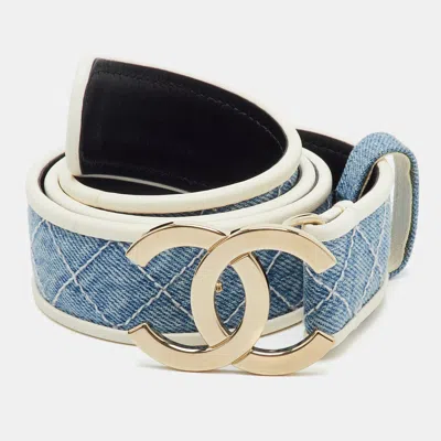 Pre-owned Chanel Cc Logo 75cm Blue/white Quilted Denim And Leather Waist Belt