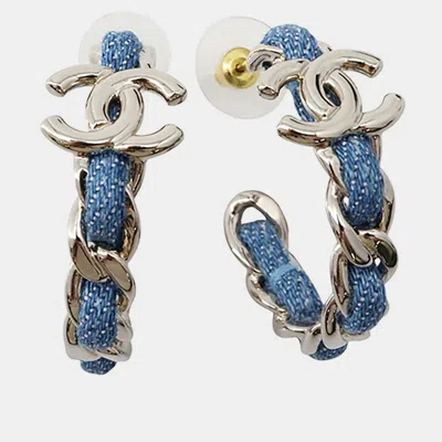 Pre-owned Chanel Cc Logo Abf160 Blue Denim Silver Tone Metal Hoop Earrings