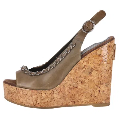 Pre-owned Chanel 'cc' Logo & Chain Detail Leather Cork Wedge Sandals In Brown