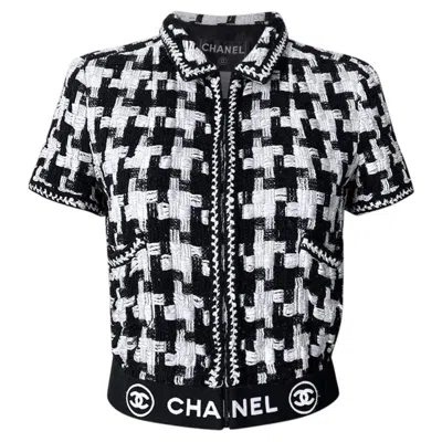 Pre-owned Chanel Cc Logo Band Rare Black Ribbon Tweed Jacket 38 Fr
