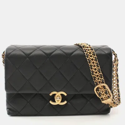 Pre-owned Chanel Cc Logo Buckle Black Lambskin Chain Strap Flap Bag