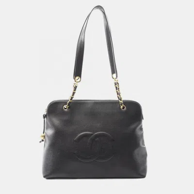 Pre-owned Chanel Cc Logo Chain Shoulder Tote Bag Calfskin Black Ghw Coco Mark