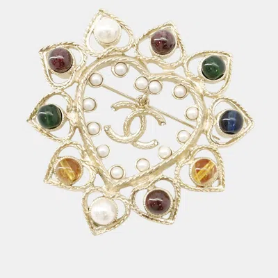 Pre-owned Chanel Cc Logo Color Stone Brooch Champagne Gold Gold Plated Rhinestone Faux Pearl Color Stone