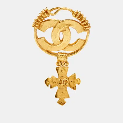 Pre-owned Chanel Cc Logo Cross Drop Gold Tone Pin Brooch