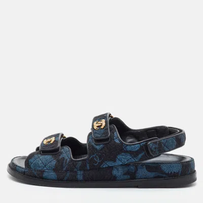 Pre-owned Chanel Cc Logo Dad Size 40.5 Blue/black Denim Ankle Strap Sandals