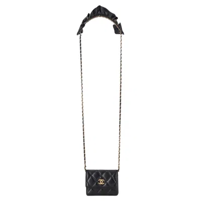 Pre-owned Chanel 'cc' Logo Diamond Quilted Leather Card/wallet On Chain With Rufffled Pad In Black