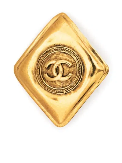 Pre-owned Chanel Cc Logo-embossed Rhombus Brooch In Gold