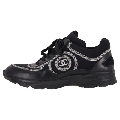Pre-owned Chanel 'cc' Logo Embroidered Neoprene & Leather Sneakers In Black