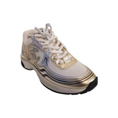 Pre-owned Chanel Cc Logo Fabric Laminated Sneakers Gold Silver