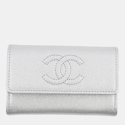 Pre-owned Chanel Cc Logo Flap Card Case Silver Caviar Leather