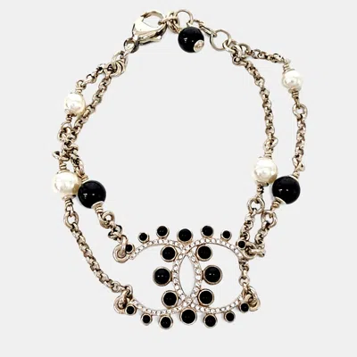 Pre-owned Chanel Cc Logo Gold Crystals Faux Pearl Bracelet