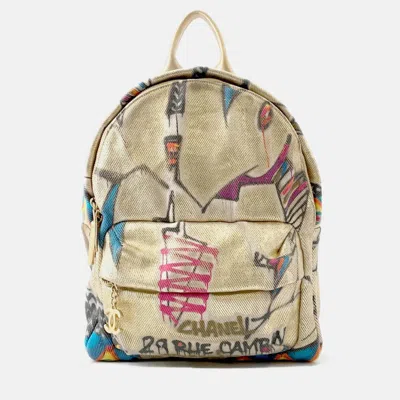Pre-owned Chanel Cc Logo Graffiti Backpack Gold/multicolor Canvas Leather In Sand