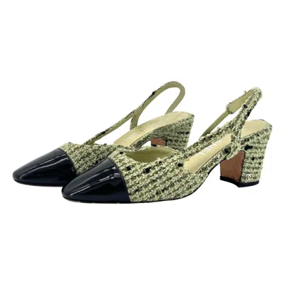 Pre-owned Chanel Cc Logo Green Wool Tweed Patent Cap Toe Slingback Heeled Sandals 37