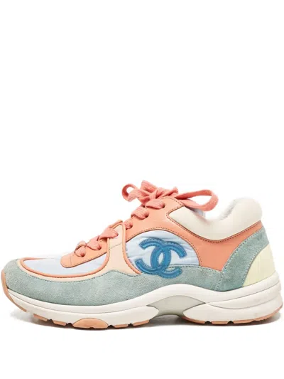 Pre-owned Chanel Cc Logo Lace-up Sneakers In Blue