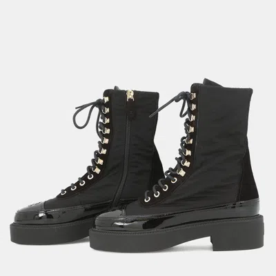 Pre-owned Chanel Cc Logo Lace-up Boots Black Nylon Patent Leather Size 36c