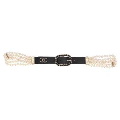 Pre-owned Chanel 'cc' Logo, Leather & Chain Pearl Belt In Sand