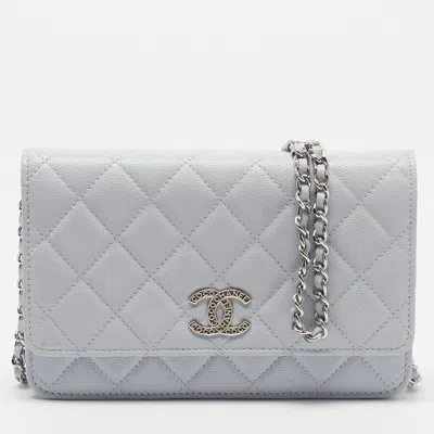 Pre-owned Chanel Cc Logo Light Blue Caviar Leather Wallet On Chain