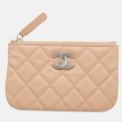 Pre-owned Chanel Cc Logo Matelasse Mini Pouch Beige Caviar Leather In Sand