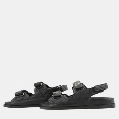 Pre-owned Chanel Cc Logo Matelasse Sandals Black Leather Size 38 C