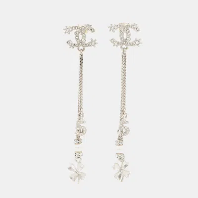 Pre-owned Chanel Cc Logo No5 Faux Pearl Clover Earrings Silver Metal Rhinestone Faux Pearl