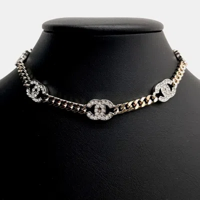 Pre-owned Chanel Cc Logo Silver Crystals Chain Choker Necklace