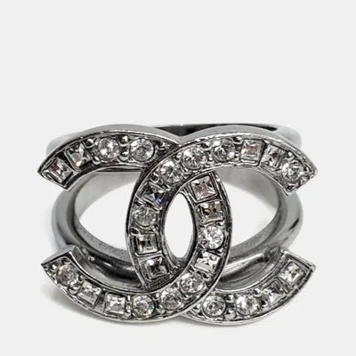 Pre-owned Chanel Cc Logo Silver Crystals Ring
