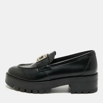 Pre-owned Chanel Cc Logo Size 38 Black Leather Chunky Loafers
