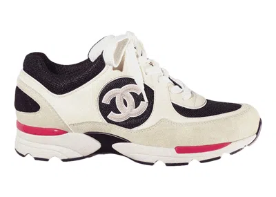 Pre-owned Chanel Cc Logo Trainer (women's) Sneakers In Ivory/black/beige